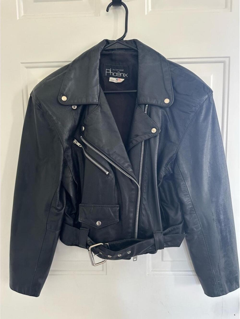 Phoenix Leather Moto Jacket Cropped Black Biker Belted